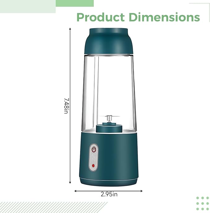 Generic Compact Mini Blender Usb Rechargeable Electric Juice Mixer 10.14 Fl Oz / 300 Ml Capacity Dark Green Finish 1200 Mah Battery Clear Pc Design Simple One-Touch Use