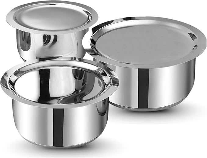 Stainless Steel Cooking Pot Set 3-Piece Patila Cookware with Lids Induction Compatible Heavy Sandwich Bottom 1L 1.4L 1.8L Capacity (Stainless Steel Tope Set with Lid)