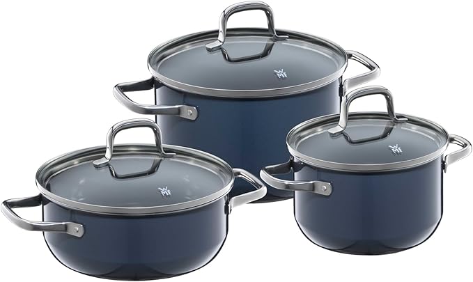 WMF Fusiontec Essential Induction 3-Piece Saucepan Set with Glass Lid Induction Pots Set High-Tech Ceramic Scratch-Resistant Uncoated No Inner Scale Drip-Free Dark Blue