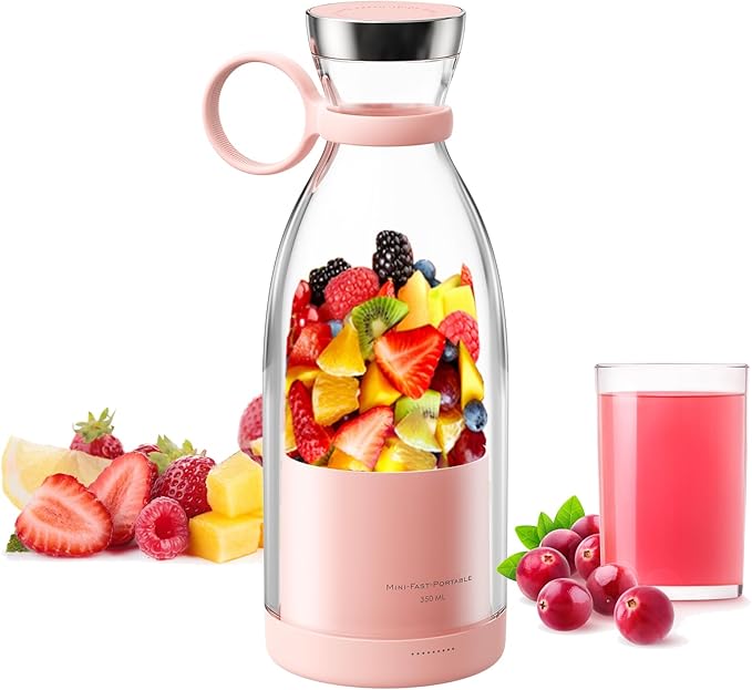 Asa Vea Portable Blender Mini Blender for Smoothies and Shakes with 4 Blades 11 Oz Personal Size Blender with Travel Lid and USB Rechargeable for Kitchen Office Gym (Pink)