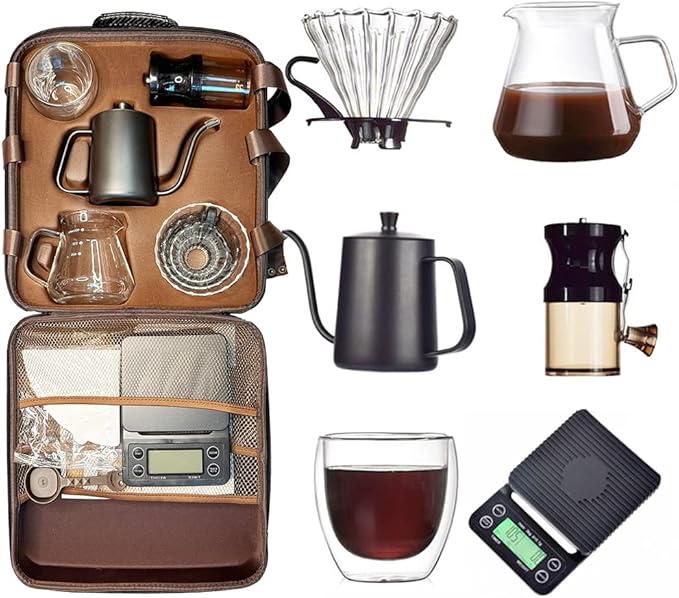 DS&ampDV Coffee Set Incl. Coffee Scale Glass DriperManual GrinterPour Over KettlePaper FiltersDouble Wall Mug for Camping and Travelling (8 in 1 Coffee Makers)