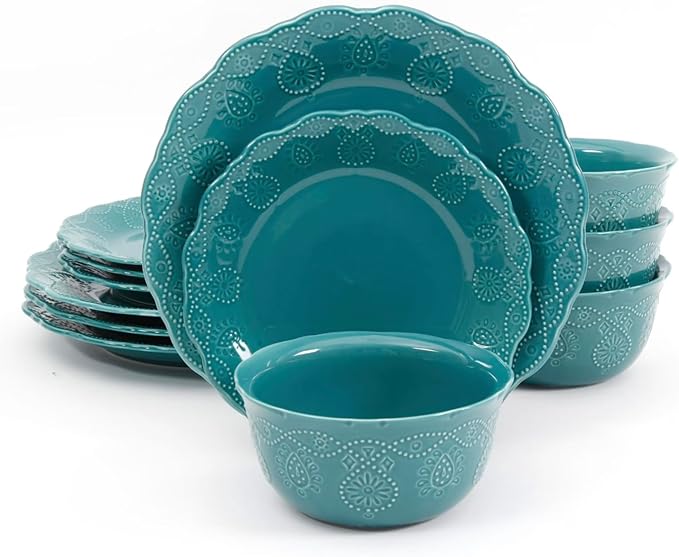 Farmhouse Cowgirl Lace 12-Piece Dinnerware Set Teal