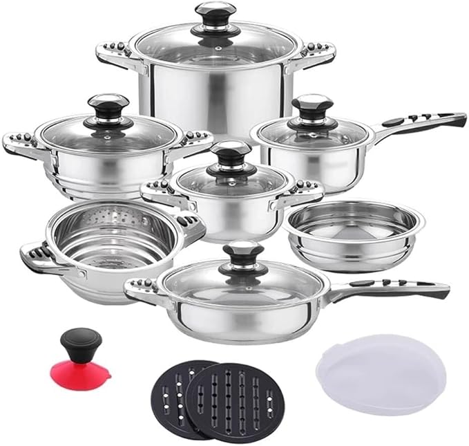 16-Piece Stainless Steel Cookware Set – Non-Stick Frying Pan Saucepan Casserole Steaming Insert Glass Lids Induction Compatible