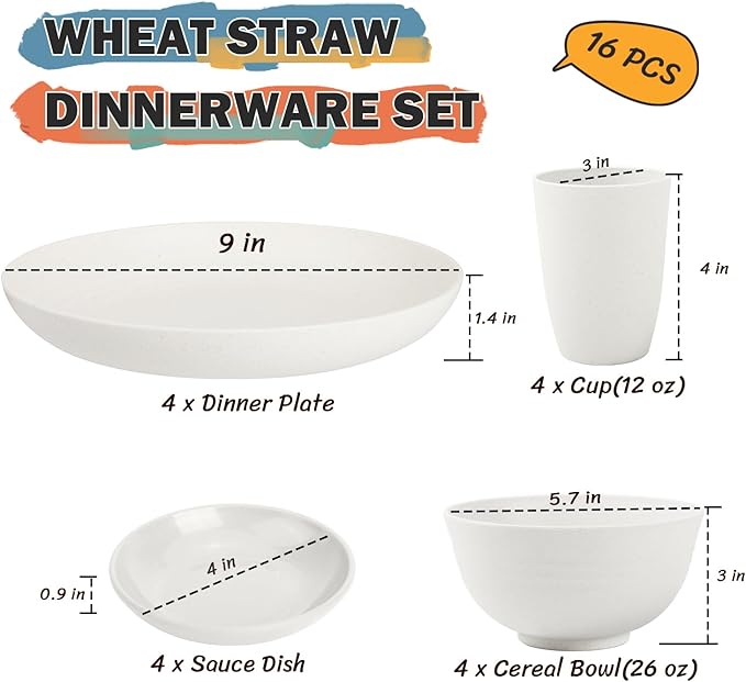 Wheat Straw Plates and Bowls Sets of 16Unbreakable Dinnerware Sets for 4 Microwave &amp Dishwasher Safe Kids Dish Set for Kitchen Outdoor Camping Party RV- White
