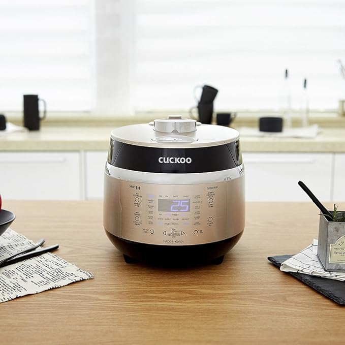 CUCKOO High Pressure Rice Cooker 3-Cup Uncooked / 6-Cup Cooked with Induction Heating Technology Small Rice Maker with 16 Menu Options and Steam Plate Voice Guide Gold (CRP-EHSS0309F)
