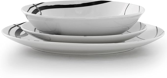 Elama Sarah 18 Piece Porcelain Ribbon Lined Dinnerware Set Service for 6 in White and Black