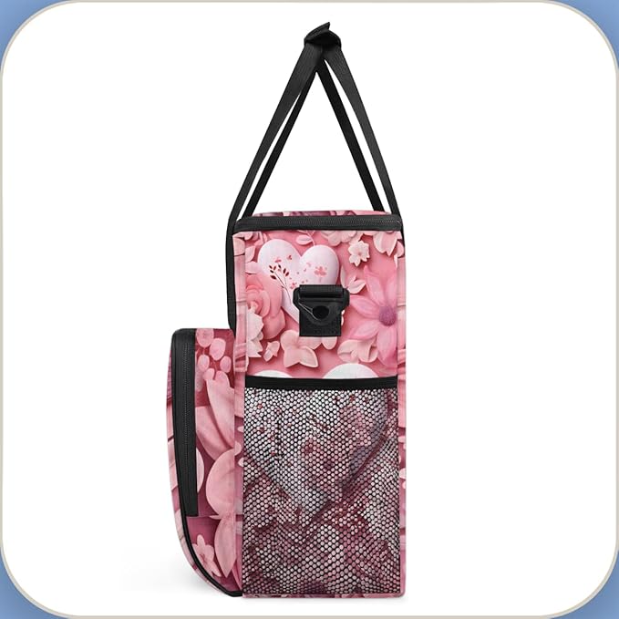 Heart Pink Flowers Coffee Maker Carrying Bag Portable Travel Storage Tote Bag Compatible with K-Mini or K-Mini Plus Single Serve Coffee Brewer Carrying Case with Multiple Pockets &amp Shoulder Stra