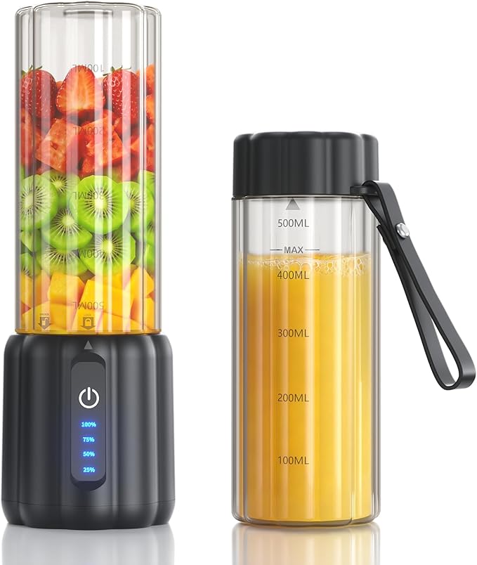 Portable Blender Small Smoothie &amp Shake Maker with 6 Blades USB-C Rechargeable Personal Blender with LED Display Travel-Friendly Mini Juicer Cup for Home Office Gym Outdoor 17oz Black