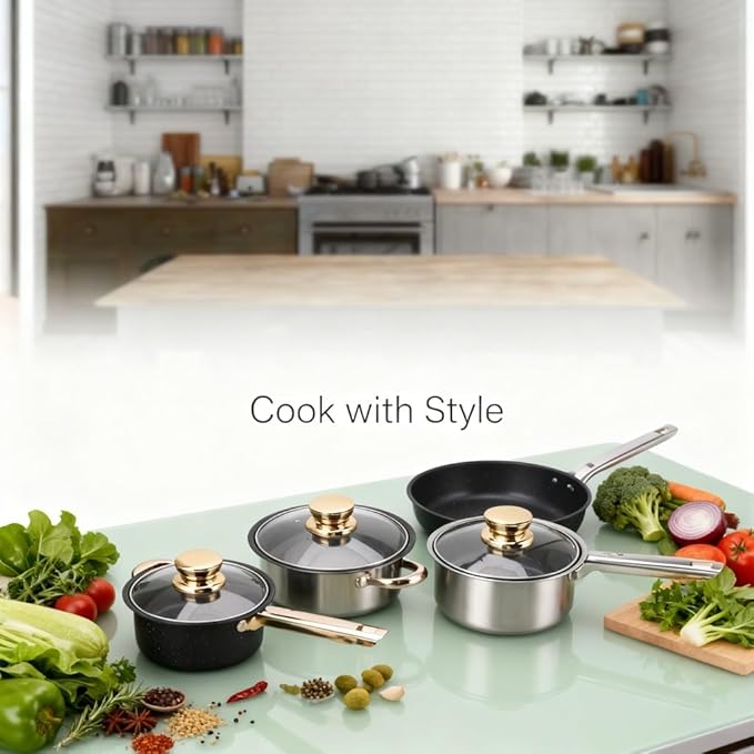 Cookware Set Stainless Steel with Maifan Stone Nonstick Coating 4 - Piece Pots and Pans with Glass Lids - Eco - Friendly Cooking Even Heat Distribution Ideal for Every