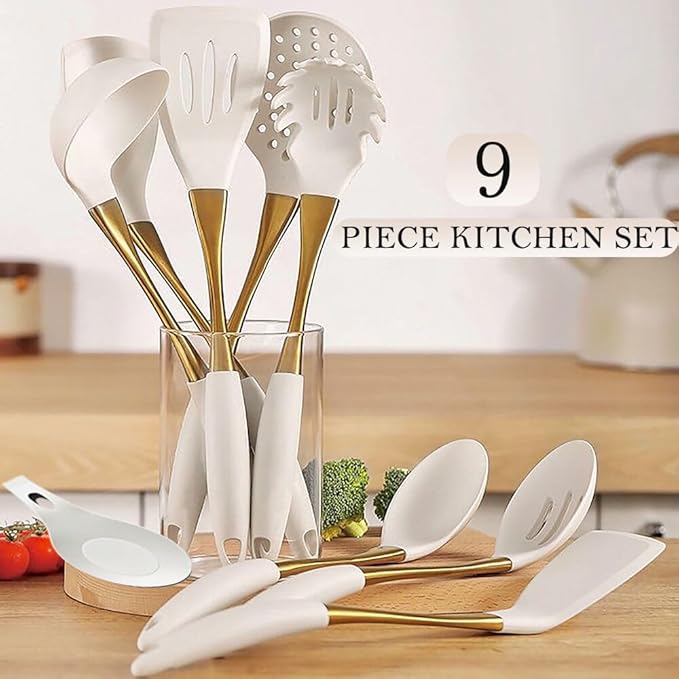 White And Gold Silicone Cookware Set 9-Piece Universal Kitchen Utensilsgold with white kitchen utensilsSilicone Spatula Cooking Spoons for Nonstick Cookware Golden Stainless steel Handle
