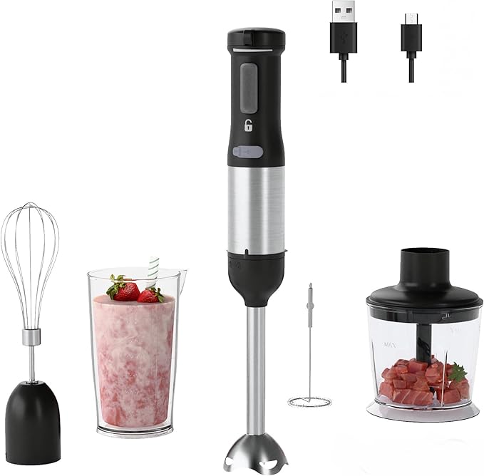Cordless Immersion Hand Blender 5-in-1 Variable Speed blender handheldRechargeable with 2000mAh Battery BPA-Free &amp Dishwasher-Safe Accessories:700ml BeakerChopperWhisk &amp Milk FrotherBlac