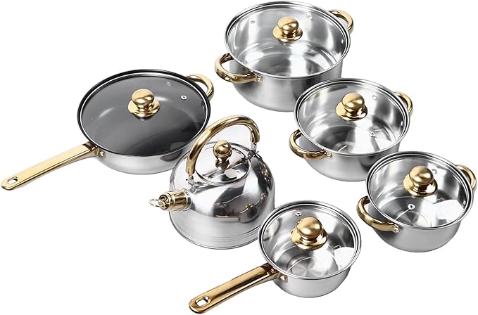 12Pcs Kitchen Pots Stainless Steel Golden Handle Smoothing Sturdy Cookware Set with Elegant Gold Color and for Home Cooking and All Cooktops