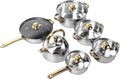 12Pcs Stainless Steel Kitchen Pots Set with Golden Handles Various Sizes Including Milk Pot Soup Pots &amp Frying Pan - Heat Easy to Clean Cookware for Home Cooking