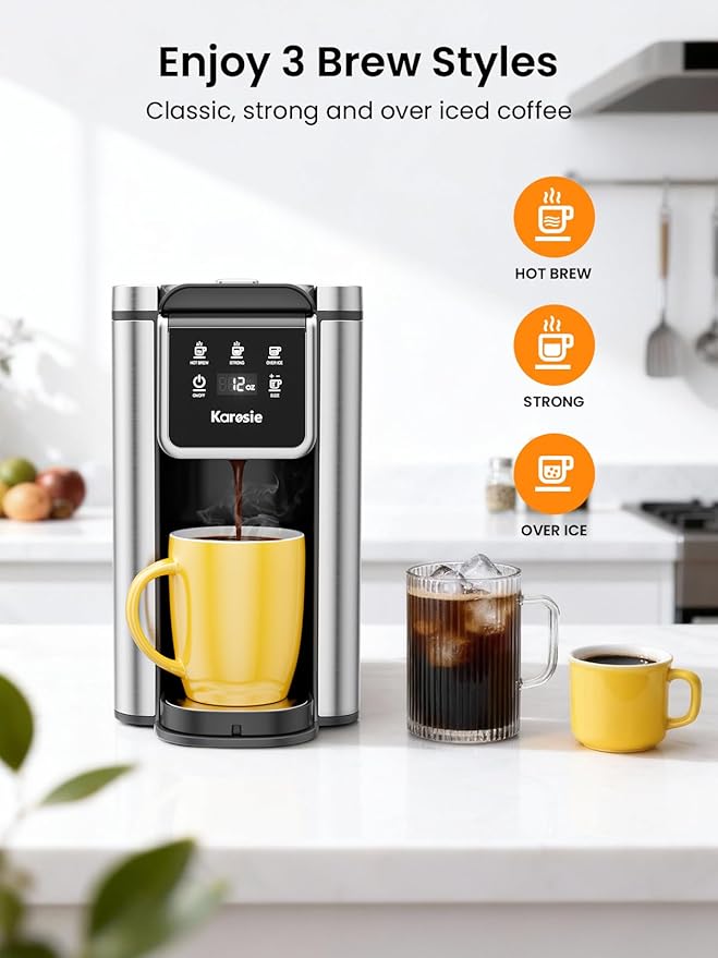 K Cup Coffee Maker Hot &amp Iced Coffee Maker for K Cup and Grounds 6-14 Oz Brew Sizes 50oz Removable Tank Single Cup Coffee Maker with Descaling Reminder Stainless Steel Black