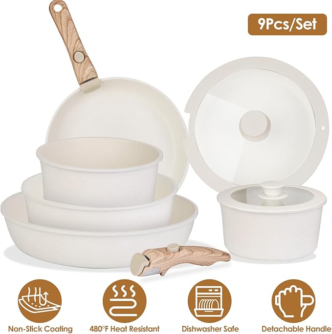 9Pcs Pots and Pans Set Nonstick Cookware Set with Lids Stackable Kitchen Cooking Set with Detachable Handles Frying Pans Saucepans Dishwasher Safe Induction Ready