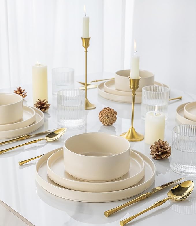 TheTerra Ceramic Dinnerware Sets for 4 12 Pieces Handmade Reactive Glaze Plates and Bowls Set Scratch Resistant Dish Set Oven &amp Microwave &amp Dishwasher Safe Ice Cream