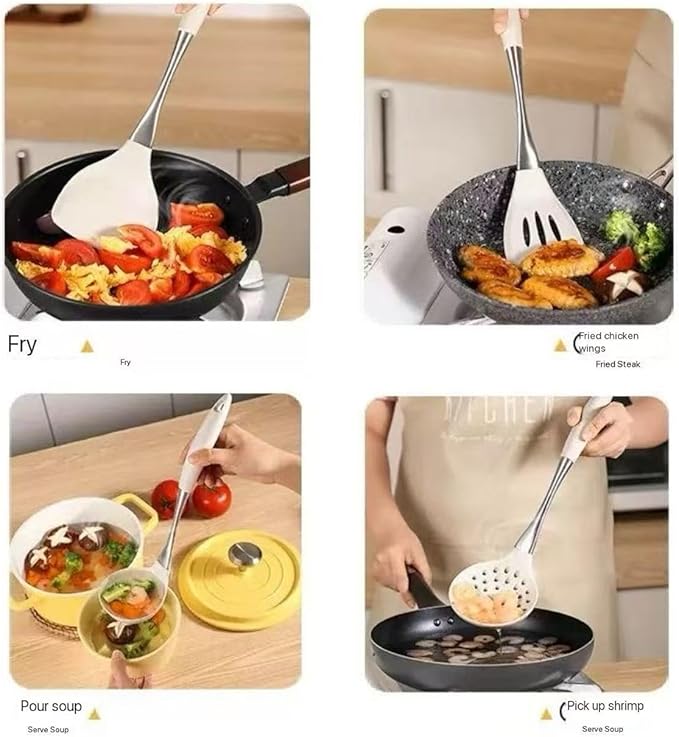 8-Piece White Kitchen Utensil Set with Gold Handles Stainless Steel Cooking Tools Includes Spatulas Ladle Spoons for Nonstick Cookware (silvery and Grey)