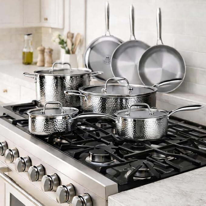 imarku 14-Piece Stainless Steel Cookware Set Tir-Ply Pots and Pans Set with Lids Induction Compatible Oven Safe to 500°F Non-ToxicDishwasher Safe Ideal Gift for Home Cooking Women