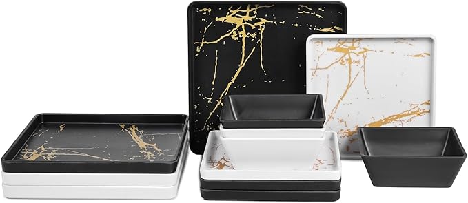Square Melamine Dinnerware Sets of 12 PcsSquare Plates and Bowls SetsUnbreakable Dish Set for 4Lightweight Dishwasher Safe and BPA FreeSuit for RVCamping （Black and White）