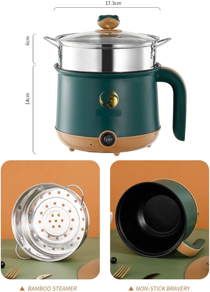 Electric Hot Pot Electric Sauté Pan 600W Food Grade Stainless Steel Cooker with Power Adjustment 1.8L for Rice Shabu Noodles Soup Ramen Steaming Basket (Green)