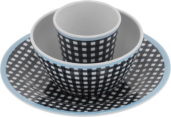 Dark Blue Grid Pattern Melamine Tableware Set Dinnerware Cutlery Salad Plate Bowl Cup Kit for Home Restaurant Scald Proof Tableware with 500ml Bowl 260ml Cup