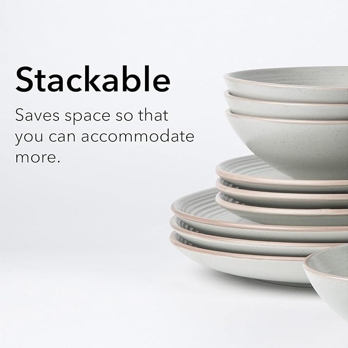 RINGAR Round Stoneware 16pc Dinnerware Set of 4 Dinner Plates Side Plates Cereal Bowls Mugs - Speckle Matte White (406646)