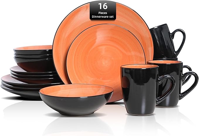 Sonoma 16 Piece Stoneware Dinner Set Outside Black + Inside Handpainted Color Orange with speckle