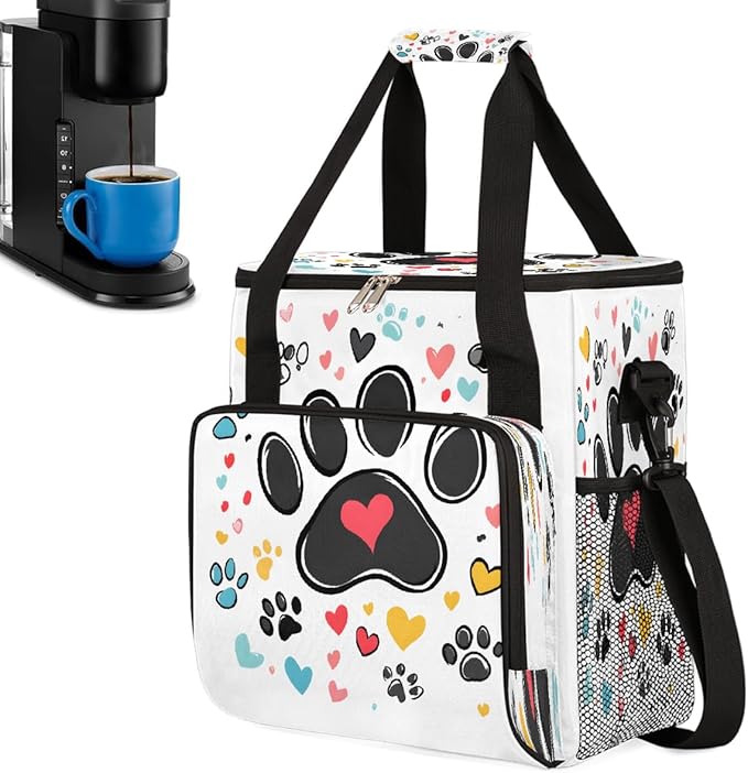 Cartoon Animal Footprints Love Heart Coffee Maker Carring Bag Travel Carrying Storage Tote Bag Compatible with Keurig K-Mini or K-Mini Plus Portable Single Serve Coffee Brewer Case with Pockets