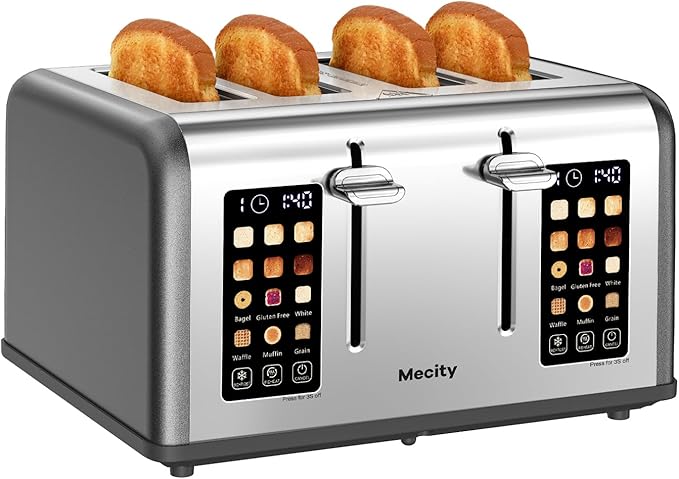 Mecity 4 Slice Toaster with Touch Screen Control 4 Wide Slots Stainless Steel Smart Bread Toaster for Bagels Muffins Waffles Dual Control Panel Timer Defrost Reheat 120V 1650W Pearl Grey