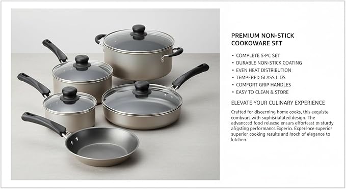 9-Piece Champagne Non-Stick Cookware Set Aluminum Pots Pans Gas Induction Compatible with Tempered Glass Lids &amp Cool-Touch Handles Household Multi-Cooktop Kitchen Set
