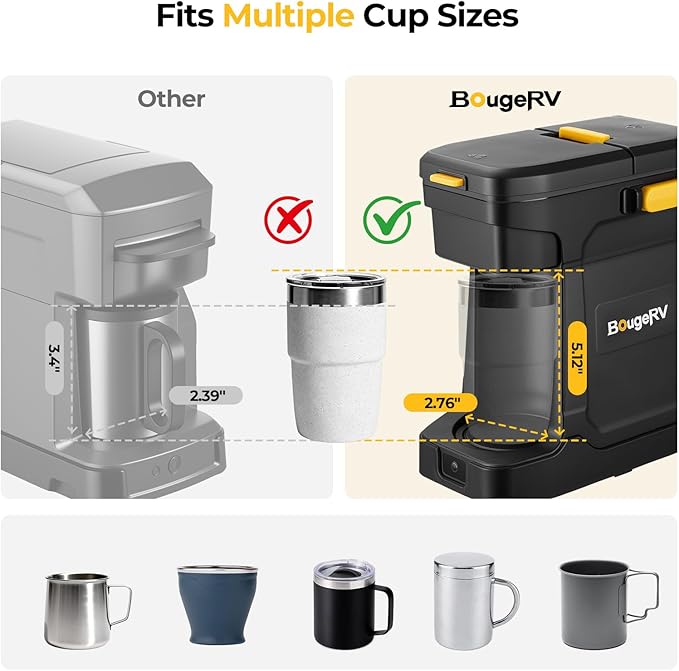 BougeRV Coffee Machine with 18V 8Ah Battery Powered Compatible with K Cup Coffee Pods &amp Ground Cordless Coffee Maker for Travel Camping Outdoor Worker Home