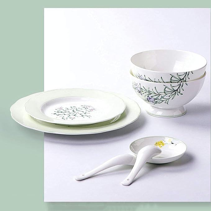 Ceramic 30 Pieces of Household Porcelain Dinnerware Set Creative Lotus Shaped Plates and Bowls Sets Elegant Pastoral Style Dishes SetService for 6 Ceramic Dinner