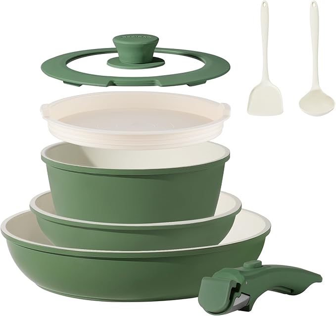 31pcs Ceramic Pots and Pans Set Nonstick Detachable Handle Cookware Induction Kitchen Cooking Set with Removable Handleinclude Frying Pans &amp Saucepans Oven Safe(Green)