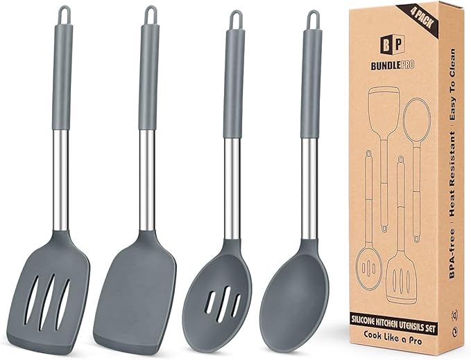 Pack of 4 Silicone Cooking Utensils Set Non Stick Large Solid Spatulas Heat Resistant Gray Slotted Spoons Ideal BPA Free Kitchen Turners for Frying MixingServingDrainingTurningStirring