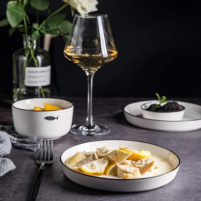 Dinnerware Sets - Luxury Dishes Service Set Ceramics Dinner Sets 26 Pieces Black Han Stroke Porcelain Dinner Plates - Bowl/Dish/Spoon | Microwave Safe