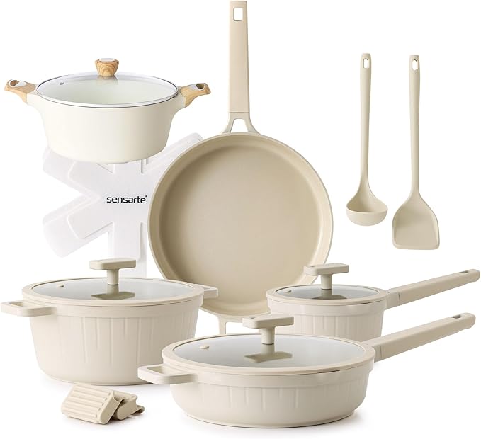 SENSARTE Ceramic Nonstick Cookware Set 15 Piece includes 6.6 Quarts Ceramic Nonstick Stock Pot with Lid