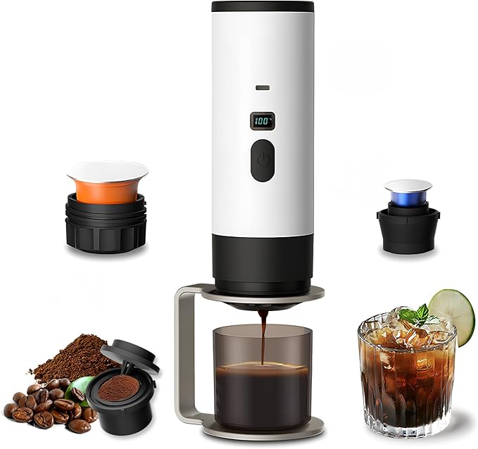 RQUOIRE 3-in-1 Portable Coffee Maker Espresso Machine Self-Heating Travel Coffee Maker Compatible with NS DG Pods &amp Ground Coffee Small Mini Espresso Machine for Car Camping Hiking With Stand