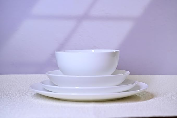 Lily Bone China Dinnerware Set 16 Pieces Service for 4 White Plates Dishes Bowls Set Microwave and Dishwasher Safe