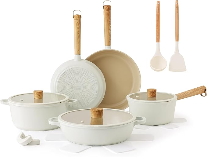 SENSARTE Ceramic Nonstick Cookware Set Non-toxic Healthy Pots and Pans Set Ceramic Coated Kitchen Cooking Set Free of Intentionally Added PFAS/PTFE Dishwasher&ampOven Safe Induction Compatible 15