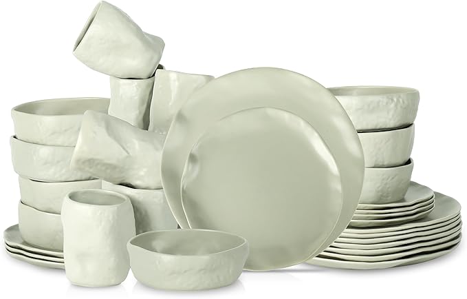 Stone by Mercer Project Atik Modern Stoneware 32-Piece Dinnerware Set Plate and Bowl Set Dish set for 8 Sage-Grey