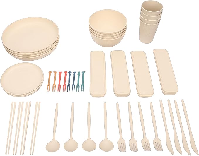 Fdit 4 Person Dinnerware Set 44Pcs Unbreakable Plates Bowls Cutlery Dishwasher Microwave Safe PP Material Lightweight for Home Kitchen Picnic Camping