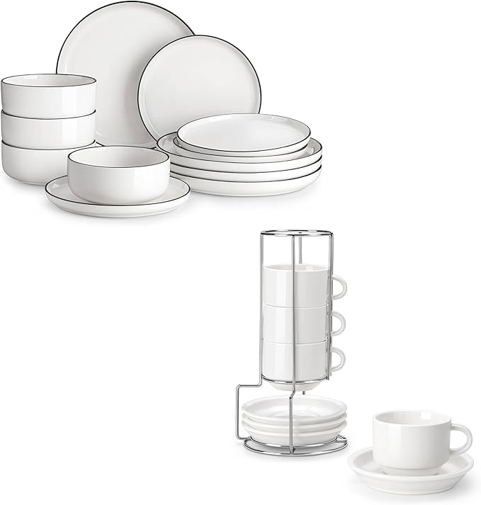 MALACASA Plates and Bowls Sets bundle with 2.5 OZ Porcelain Espresso Cups with Saucers and Metal Stand Set of 4 12 Pieces Modern Porcelain Dinnerware Set for 4