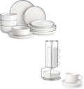MALACASA Plates and Bowls Sets bundle with 2.5 OZ Porcelain Espresso Cups with Saucers and Metal Stand Set of 4 12 Pieces Modern Porcelain Dinnerware Set for 4