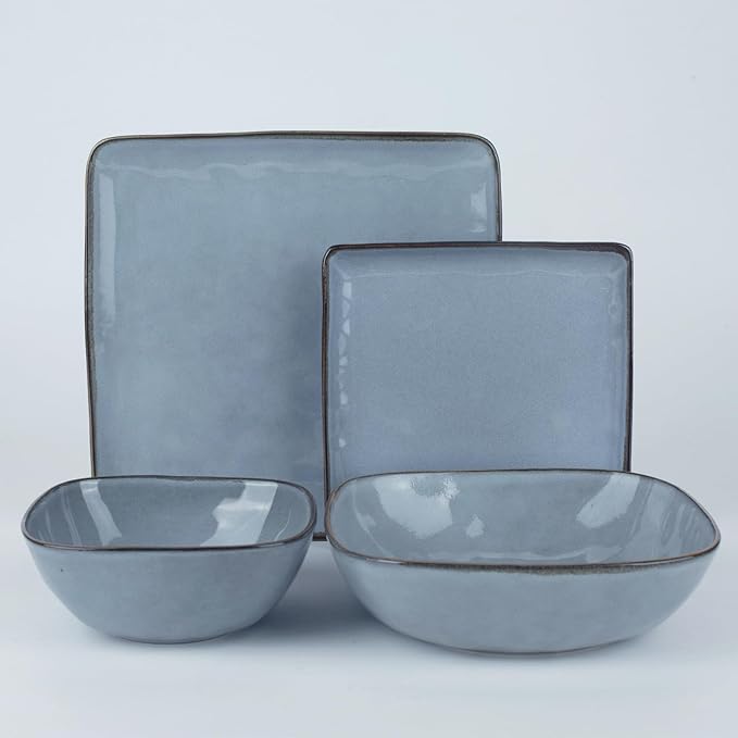 Famiware Ocean Square Plates and Bowls Sets for Kitchen 16-Piece Dinnerware Sets for 4 Reactive Glaze Blue