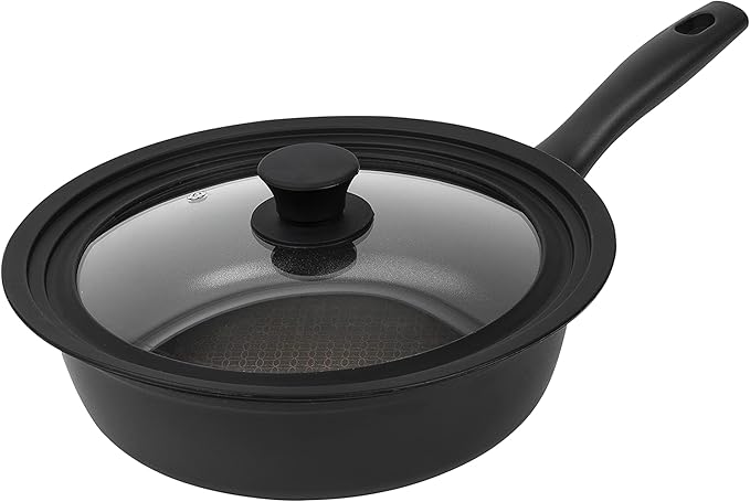 Prestige x Nadiya Non Stick Frying Pan Set of 2 with Universal Glass Lid &amp Stay Cool Handles - Stackable Induction Frying Pans 24cm &amp 26cm Oven and Dishwasher Safe Black