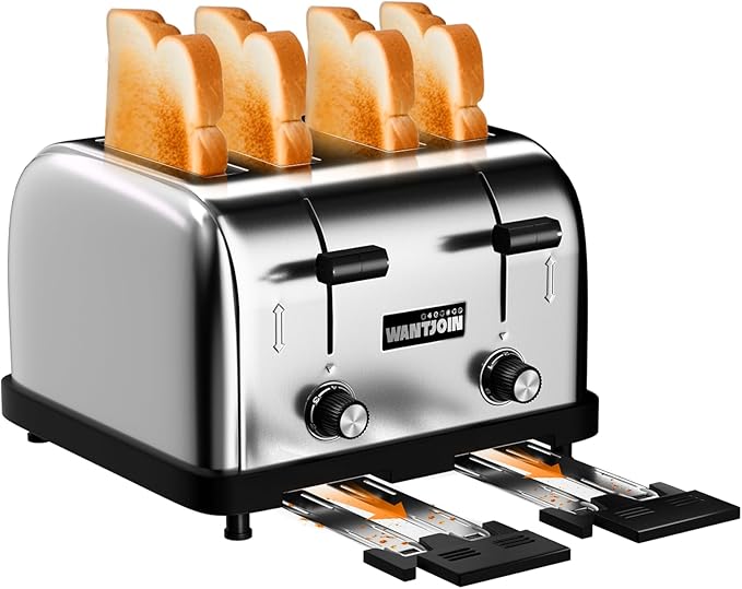 WantJoin Toaster Commercial 4 Slices- 225 Slices/Hour 1800W Pop Up Wide Slots 1.57 inch Stainless Steel 6-Level Setting with Removable Crumb Tray Bread Bagels Breakfast Restaurant
