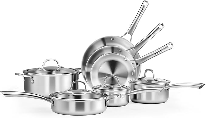 ROVSUN 11-Pcs Stainless Steel Cookware Set Tri-Ply Pots and Pans Set Non-Toxic Kitchen Set PFOA &amp PTFE Free Full Clad Frying Pans Saucepans Saute Pan &amp Stock Pot Compatible for All Cook