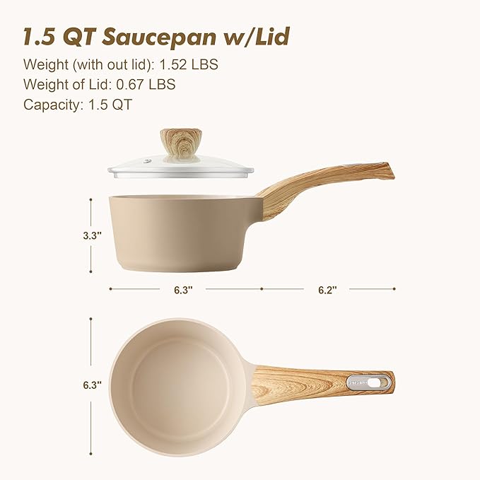 SENSARTE Ceramic Nonstick Sauce Pan with Lid 1.5 Quart Small Saucepan Cooking Pot with Stay Cool Handle Non toxic Kitchen Sauce Pot Non stick Saucier Pan Induction Pot PFOA PTFE PFAS PFOA Free