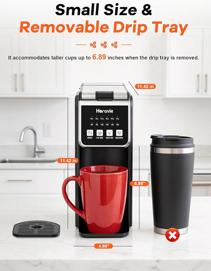 Single Serve Coffee Maker with Built-in Grinder Fast Brew 6-16oz Single Cup for Whole Beans Grounds K-Cup Grind and Brew Coffee Maker with 47oz Water Tank Descaling Alert Black