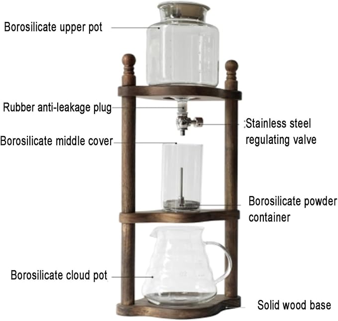 Solid Wood Ice Drip Coffee Pot 600ml High Borosilicate Glass Cold Brew Maker Ice Cold Brew Dripper Coffee Maker 4~6 Servings Drip Pot W/Adjustable Valve Stainless Steel Stopper for Cafes